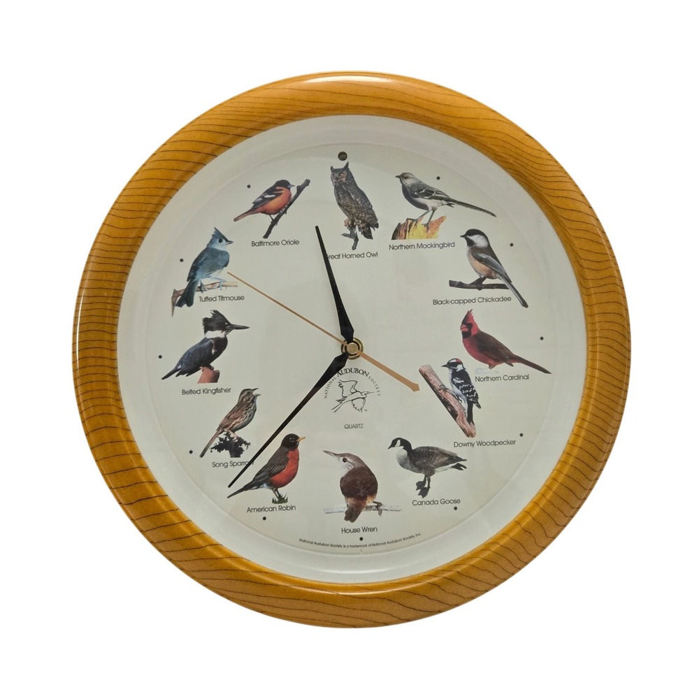 National Audubon Society 13" Wall Clock Singing Bird Songs Faux Wood Frame